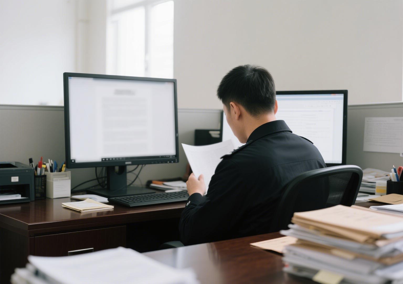 A police officer is seated at a desk in an office, reviewing documents while working with computer monitors, engaged in case - related DNA result analysis.
